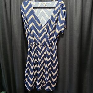 Corey‎ P Womens Navy Blue Cream Chevron Ikat Faux Wrap V-Neck Dress Large